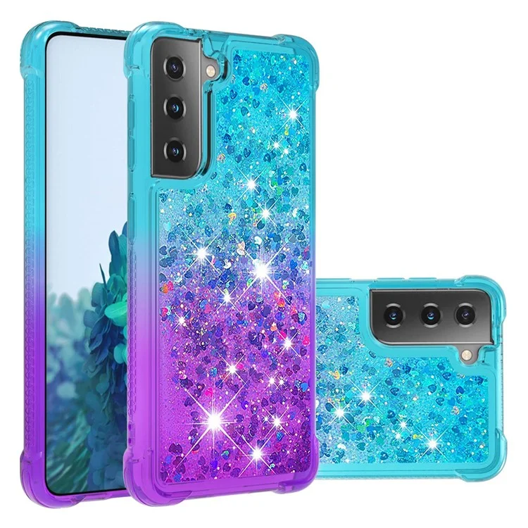 Four Corner Cushion Gradient Glitter Powder Quicksand TPU Shell Cell Phone Cover for Samsung Galaxy S21 4G/5G - Sky Blue/Purple