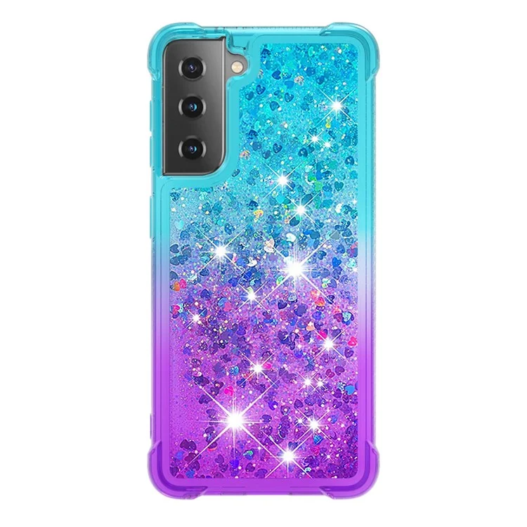 Four Corner Cushion Gradient Glitter Powder Quicksand TPU Shell Cell Phone Cover for Samsung Galaxy S21 4G/5G - Sky Blue/Purple