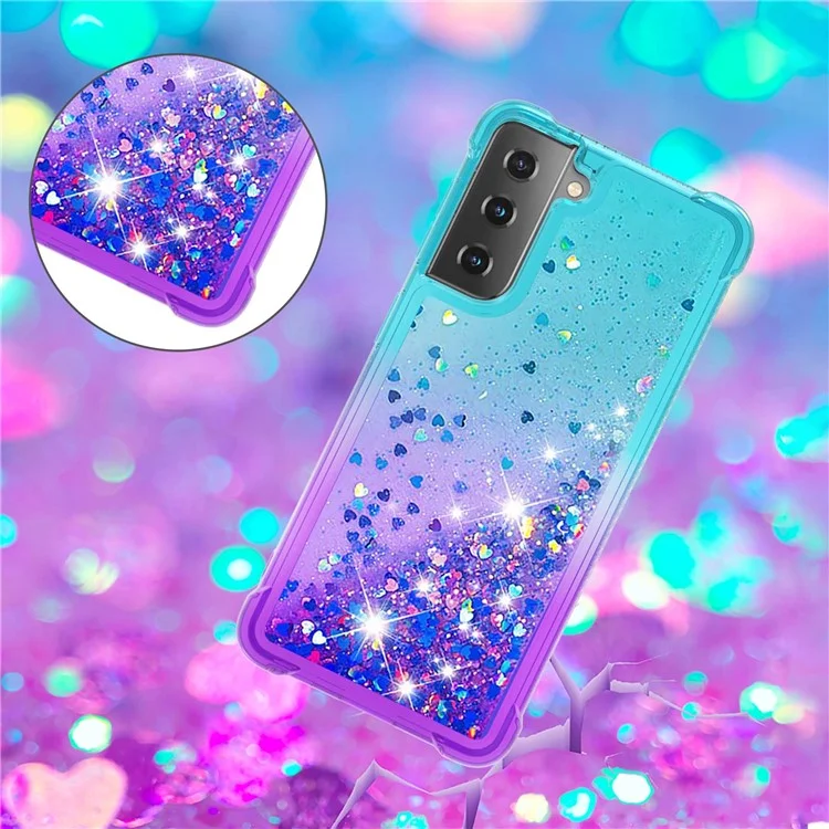 Four Corner Cushion Gradient Glitter Powder Quicksand TPU Shell Cell Phone Cover for Samsung Galaxy S21 4G/5G - Sky Blue/Purple