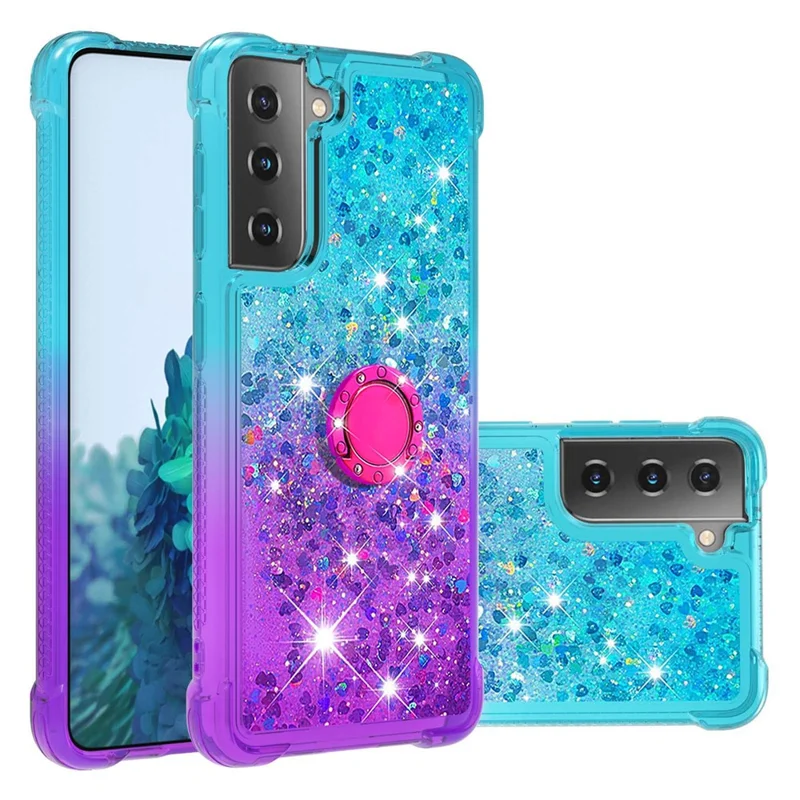Four Corner Cushion Gradient Glitter Powder Quicksand TPU Shell Cell Phone Cover with 360° Rotary Kickstand for Samsung Galaxy S21 4G/5G - Sky Blue/Purple