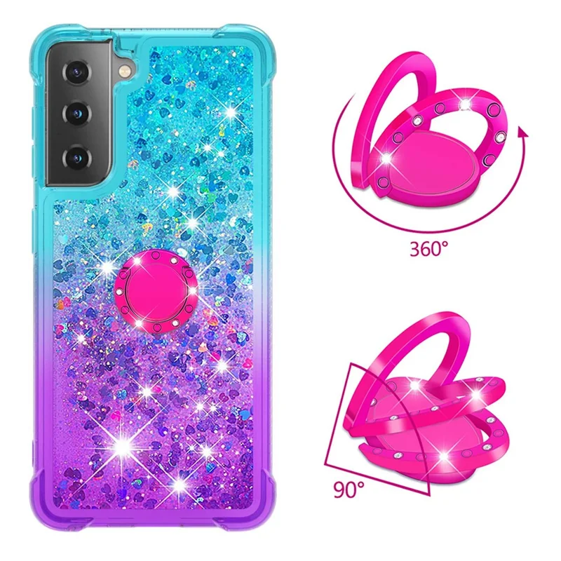 Four Corner Cushion Gradient Glitter Powder Quicksand TPU Shell Cell Phone Cover with 360° Rotary Kickstand for Samsung Galaxy S21 4G/5G - Sky Blue/Purple