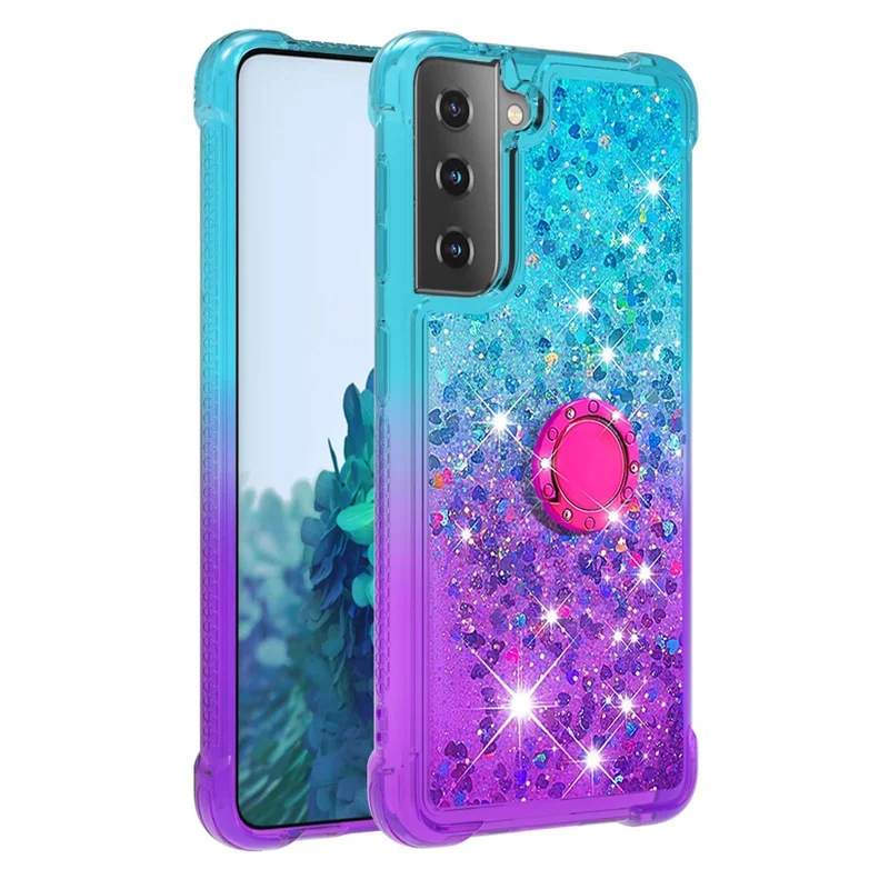 Four Corner Cushion Gradient Glitter Powder Quicksand TPU Shell Cell Phone Cover with 360° Rotary Kickstand for Samsung Galaxy S21 4G/5G - Sky Blue/Purple