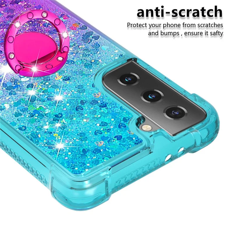 Four Corner Cushion Gradient Glitter Powder Quicksand TPU Shell Cell Phone Cover with 360° Rotary Kickstand for Samsung Galaxy S21 4G/5G - Sky Blue/Purple
