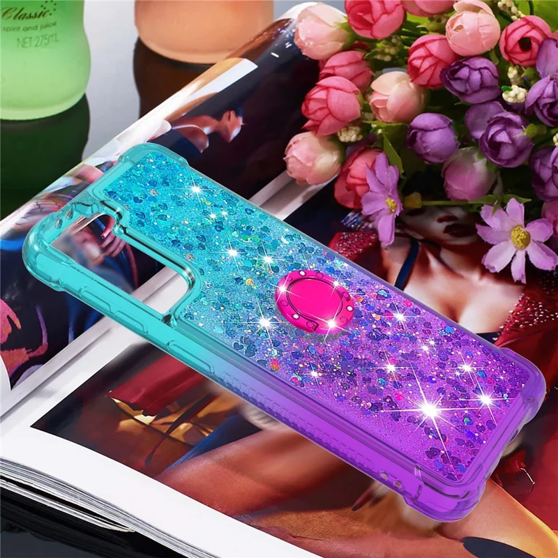Four Corner Cushion Gradient Glitter Powder Quicksand TPU Shell Cell Phone Cover with 360° Rotary Kickstand for Samsung Galaxy S21 4G/5G - Sky Blue/Purple