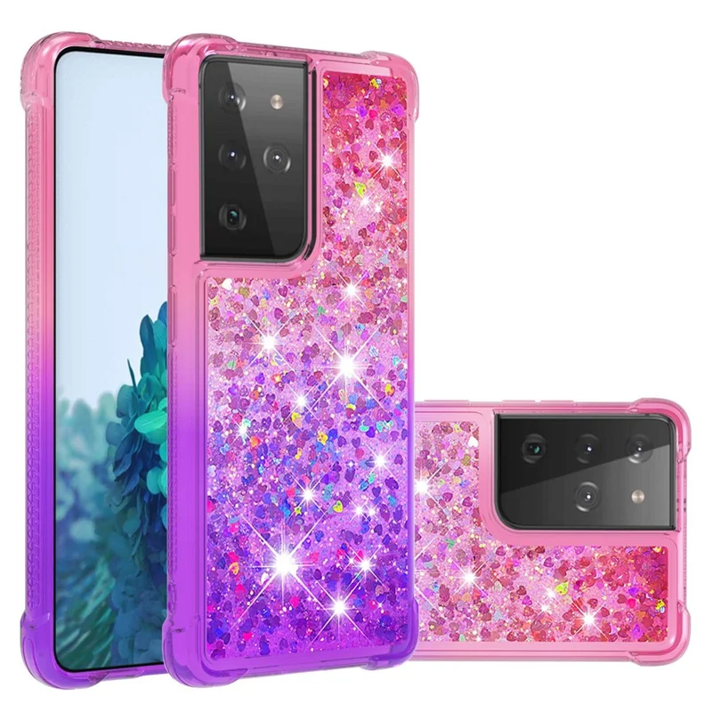 Cover Shell Shell Shell Cover с Градиентным Блестящим Замыканием Для Щупых и Конструкции Для Samsung Galaxy S21 Ultra 5G - Розовый/фиолетовый