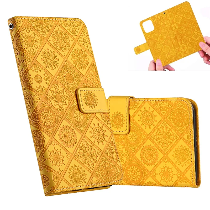 Imprint Ethnic Style Flower Wallet Leather Shell for Samsung Galaxy S21 4G/5G - Yellow