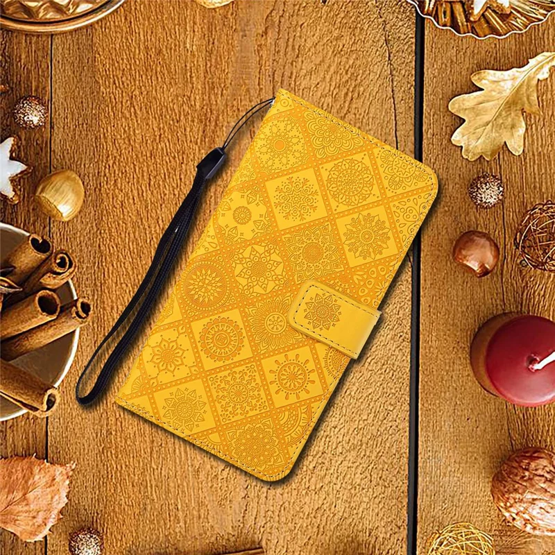 Imprint Ethnic Style Flower Wallet Leather Shell for Samsung Galaxy S21 4G/5G - Yellow