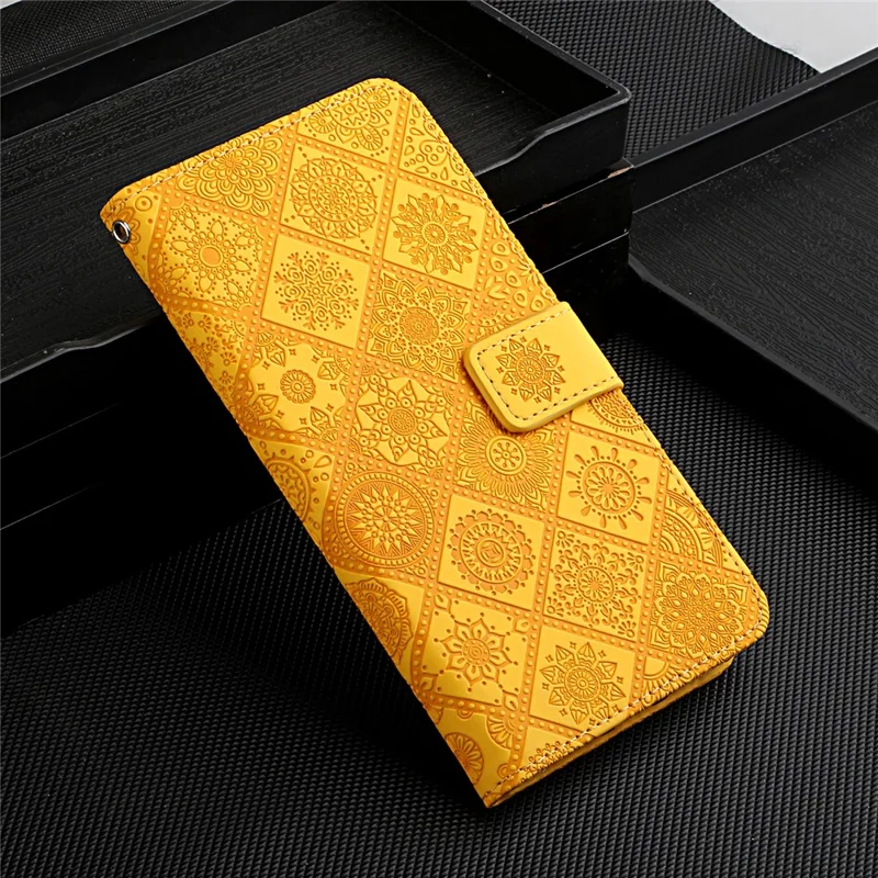 Imprint Ethnic Style Flower Wallet Leather Shell for Samsung Galaxy S21 4G/5G - Yellow