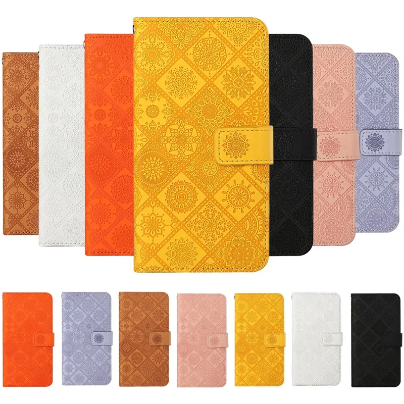 Imprint Ethnic Style Flower Wallet Leather Shell for Samsung Galaxy S21 4G/5G - Yellow