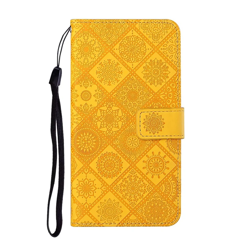 Imprint Ethnic Style Flower Wallet Leather Shell for Samsung Galaxy S21 4G/5G - Yellow