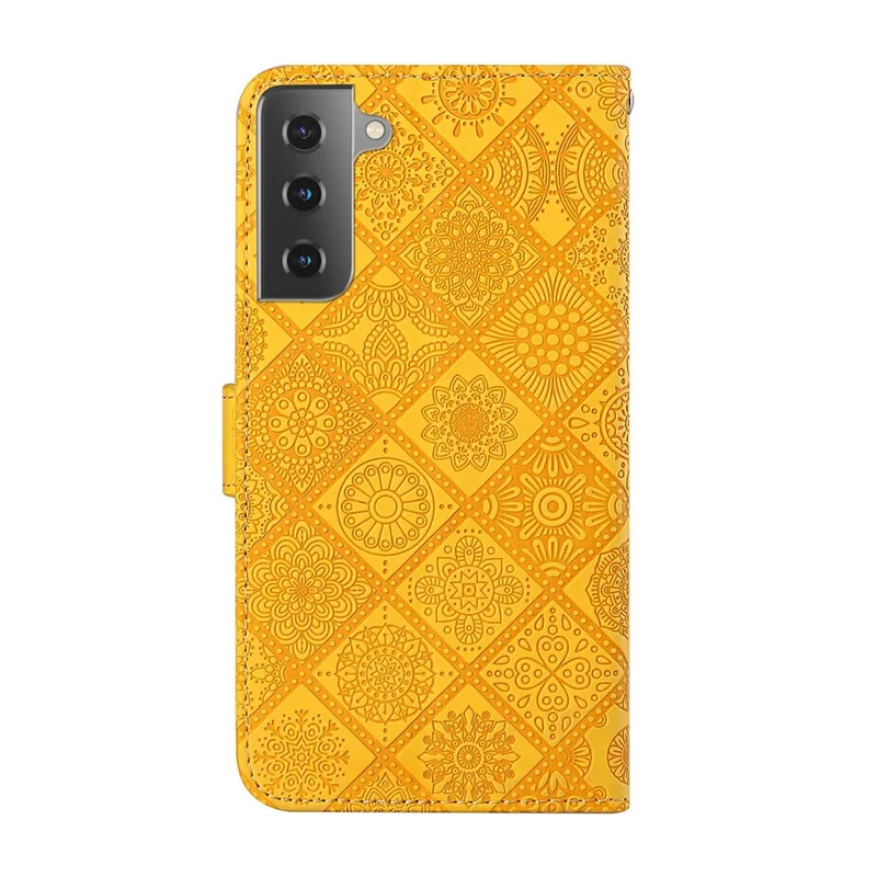 Imprint Ethnic Style Flower Wallet Leather Shell for Samsung Galaxy S21 4G/5G - Yellow