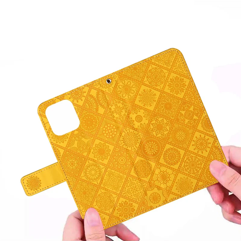 Imprint Ethnic Style Flower Wallet Leather Shell for Samsung Galaxy S21 4G/5G - Yellow