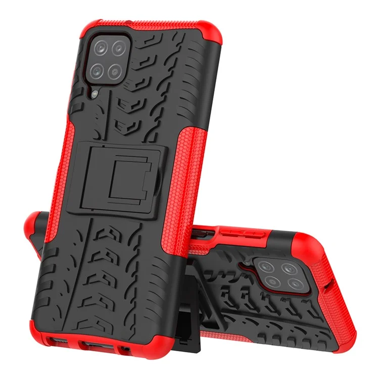 Cool Tyre PC + TPU Hybrid Shell Case for Samsung Galaxy A12 Kickstand 2-in-1 Anti-Drop Phone Cover - Red