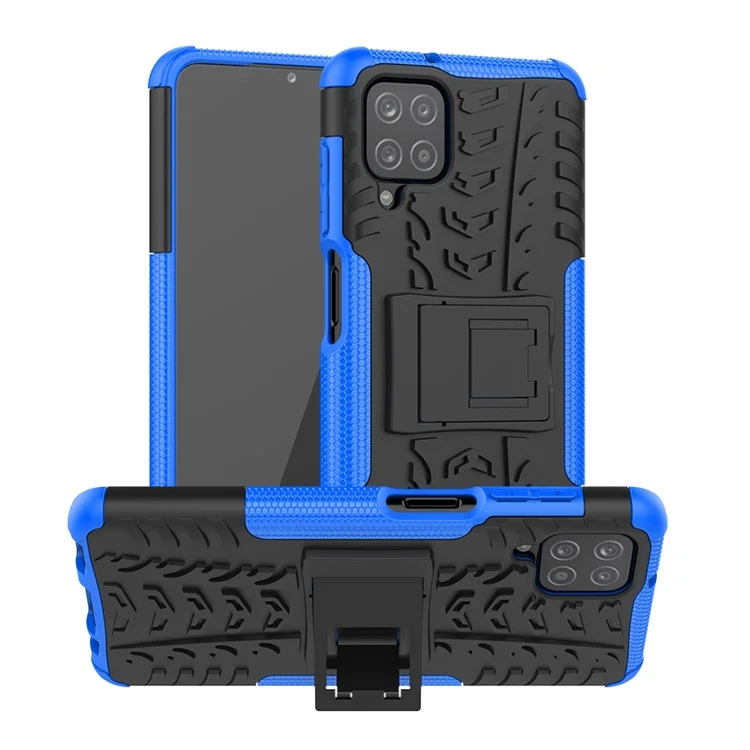 Cool Tyre PC + TPU Hybrid Shell Case for Samsung Galaxy A12 Kickstand 2-in-1 Anti-Drop Phone Cover - Blue