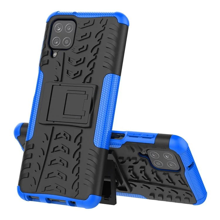 Cool Tyre PC + TPU Hybrid Shell Case for Samsung Galaxy A12 Kickstand 2-in-1 Anti-Drop Phone Cover - Blue