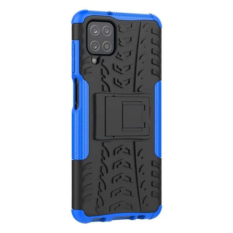 Cool Tyre PC + TPU Hybrid Shell Case for Samsung Galaxy A12 Kickstand 2-in-1 Anti-Drop Phone Cover - Blue