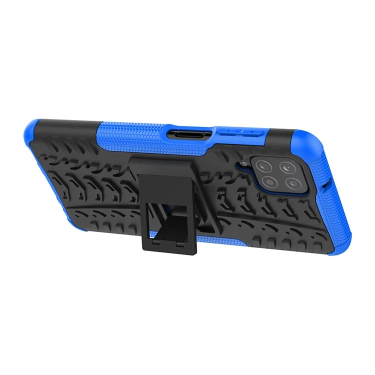 Cool Tyre PC + TPU Hybrid Shell Case for Samsung Galaxy A12 Kickstand 2-in-1 Anti-Drop Phone Cover - Blue