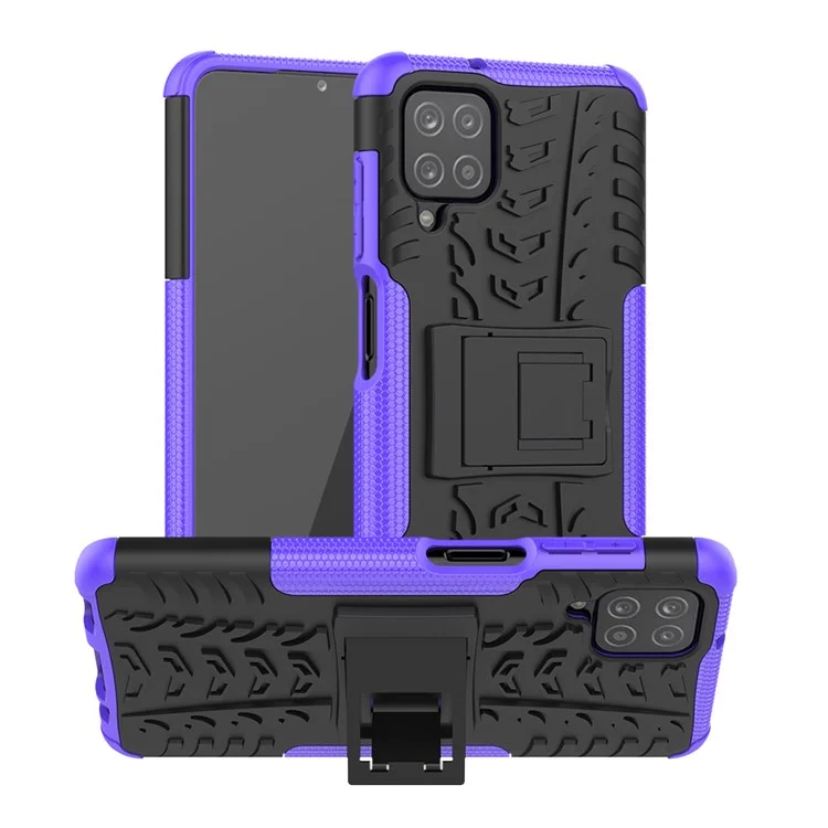 Cool Tyre PC + TPU Hybrid Shell Case for Samsung Galaxy A12 Kickstand 2-in-1 Anti-Drop Phone Cover - Purple