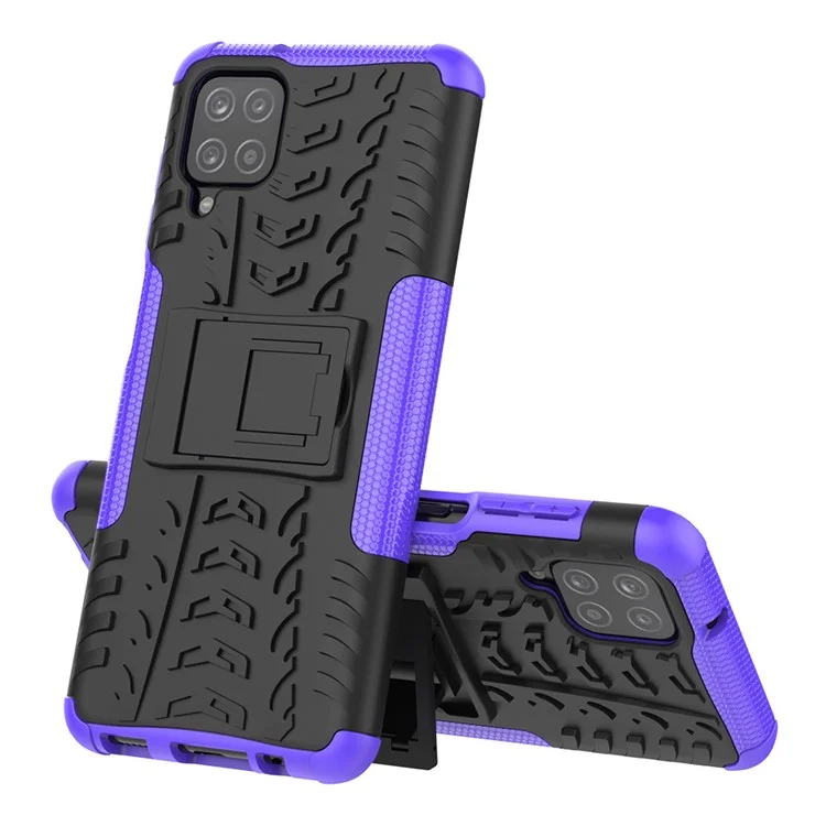 Cool Tyre PC + TPU Hybrid Shell Case for Samsung Galaxy A12 Kickstand 2-in-1 Anti-Drop Phone Cover - Purple