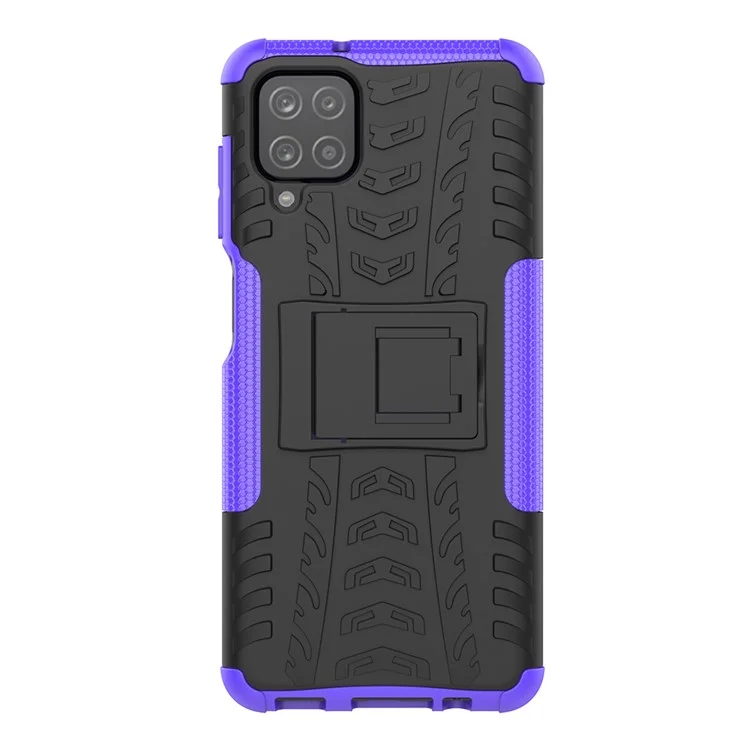 Cool Tyre PC + TPU Hybrid Shell Case for Samsung Galaxy A12 Kickstand 2-in-1 Anti-Drop Phone Cover - Purple