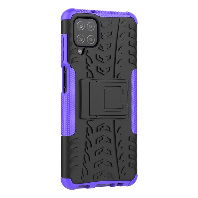 Cool Tyre PC + TPU Hybrid Shell Case for Samsung Galaxy A12 Kickstand 2-in-1 Anti-Drop Phone Cover - Purple