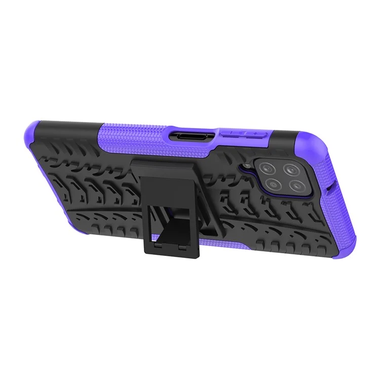 Cool Tyre PC + TPU Hybrid Shell Case for Samsung Galaxy A12 Kickstand 2-in-1 Anti-Drop Phone Cover - Purple