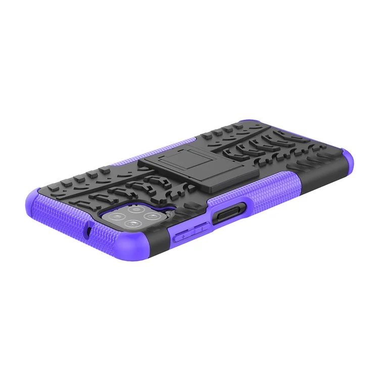 Cool Tyre PC + TPU Hybrid Shell Case for Samsung Galaxy A12 Kickstand 2-in-1 Anti-Drop Phone Cover - Purple