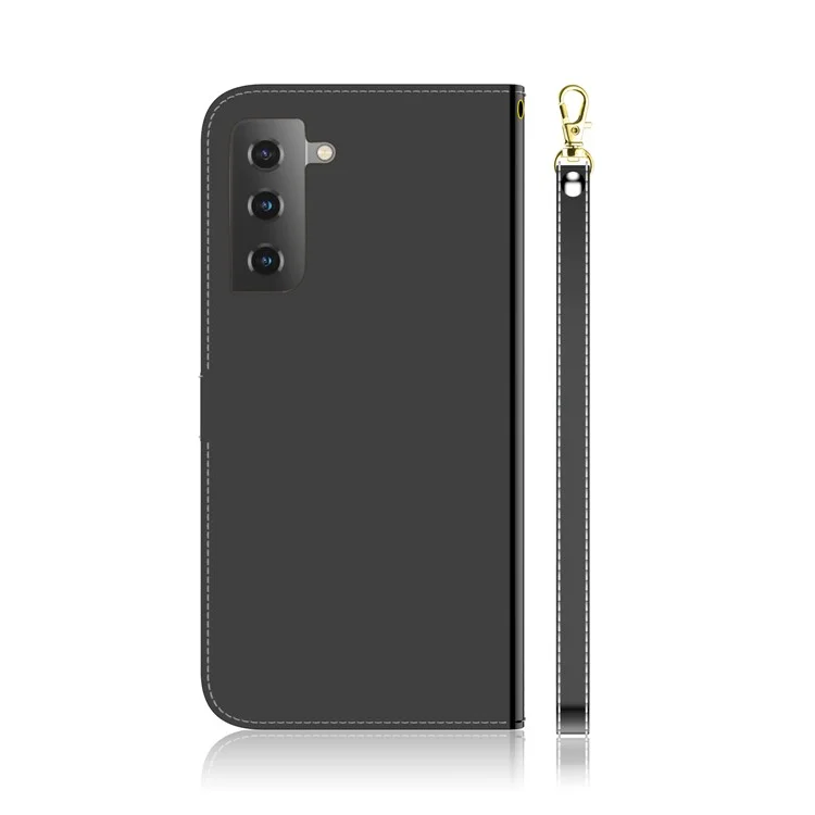 Étui de protection miroir en cuir avec support et dragonne pour Samsung Galaxy S21 Plus 5G - Noir