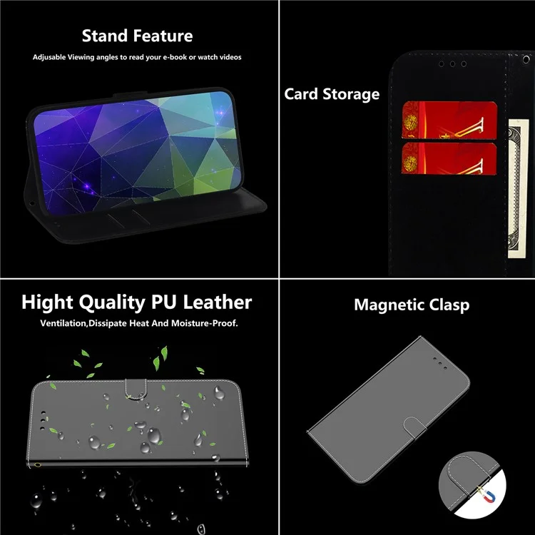 Étui de protection miroir en cuir avec support et dragonne pour Samsung Galaxy S21 Plus 5G - Noir