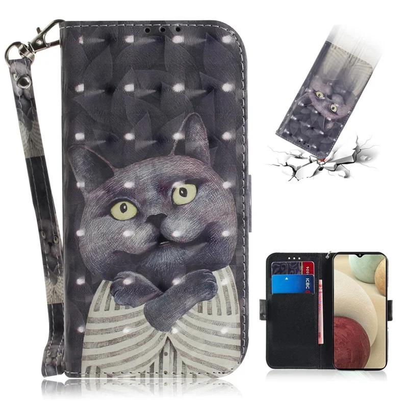 For Samsung Galaxy A12 Leather Case Magnetic Closure Wallet Case with Stand and Strap Pattern Printed Flip Cover - Cat