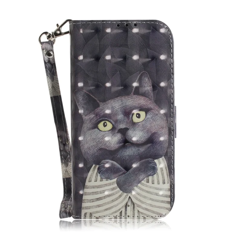 For Samsung Galaxy A12 Leather Case Magnetic Closure Wallet Case with Stand and Strap Pattern Printed Flip Cover - Cat
