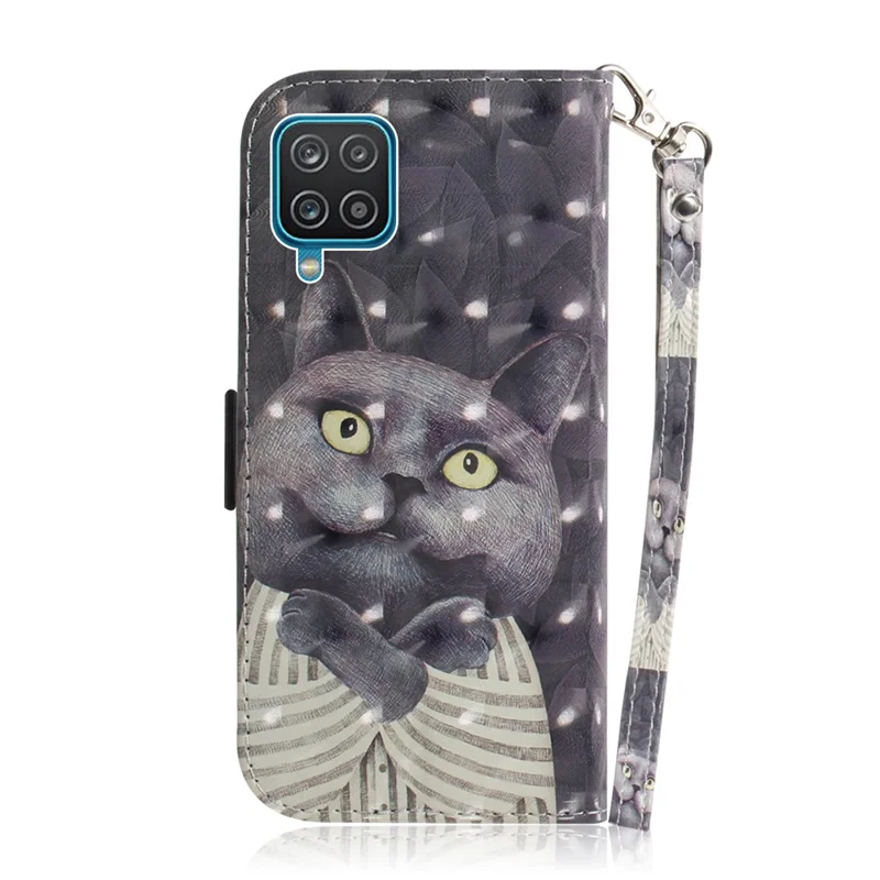 For Samsung Galaxy A12 Leather Case Magnetic Closure Wallet Case with Stand and Strap Pattern Printed Flip Cover - Cat