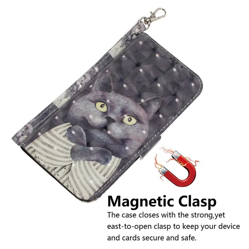 For Samsung Galaxy A12 Leather Case Magnetic Closure Wallet Case with Stand and Strap Pattern Printed Flip Cover - Cat