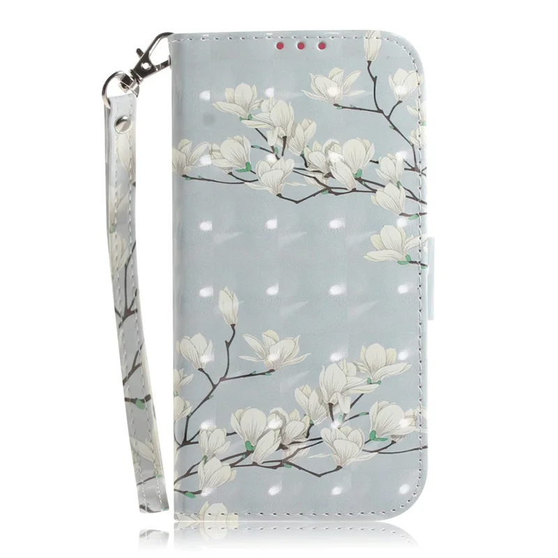 For Samsung Galaxy A12 Leather Case Magnetic Closure Wallet Case with Stand and Strap Pattern Printed Flip Cover - White Flower