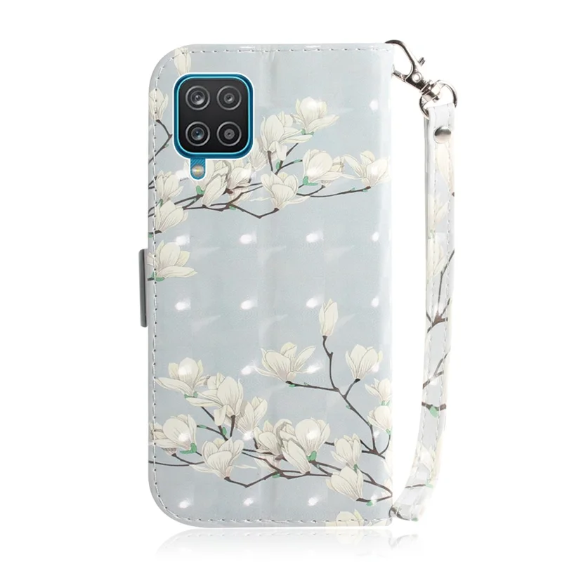 For Samsung Galaxy A12 Leather Case Magnetic Closure Wallet Case with Stand and Strap Pattern Printed Flip Cover - White Flower