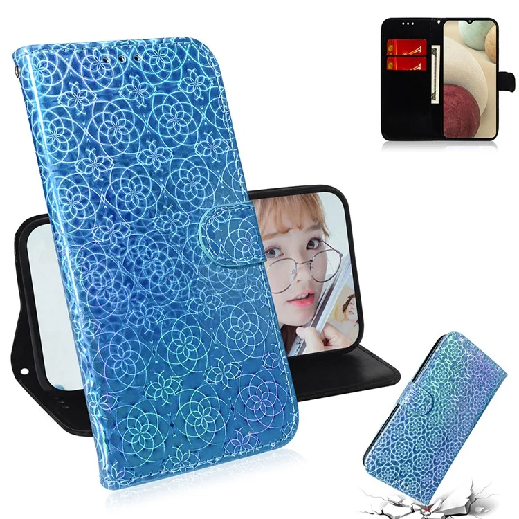 Étui portefeuille en cuir à motif floral pour Samsung Galaxy A12 - Bleu