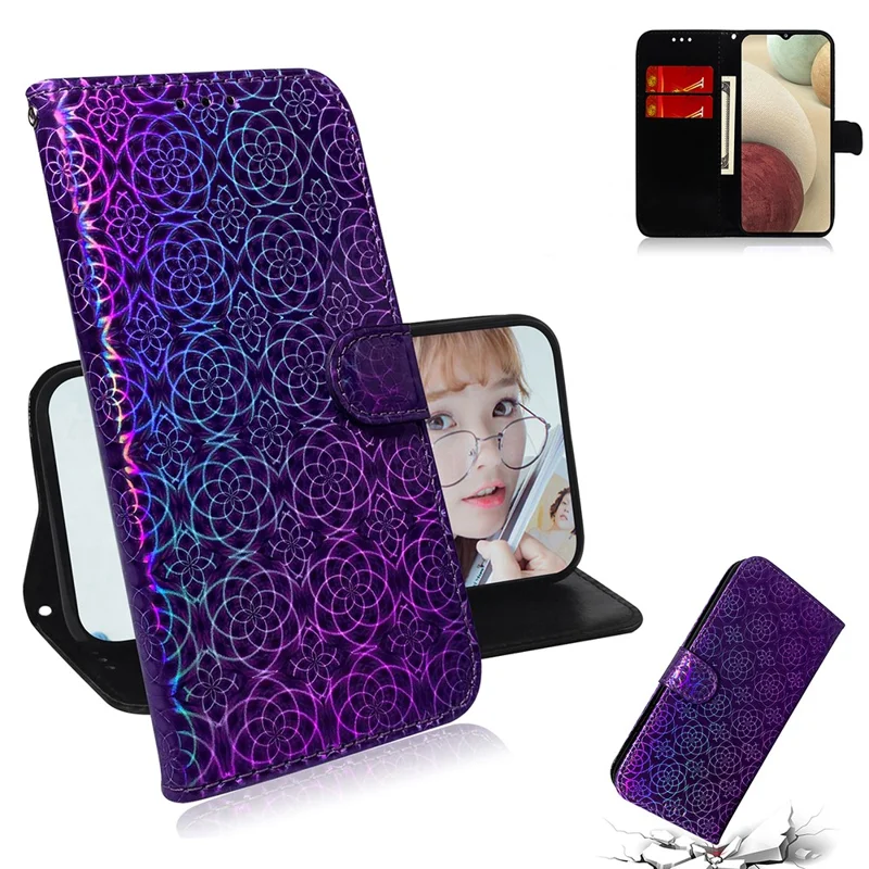 Flower Pattern Leather Stand Wallet Cover Case for Samsung Galaxy A12 - Purple