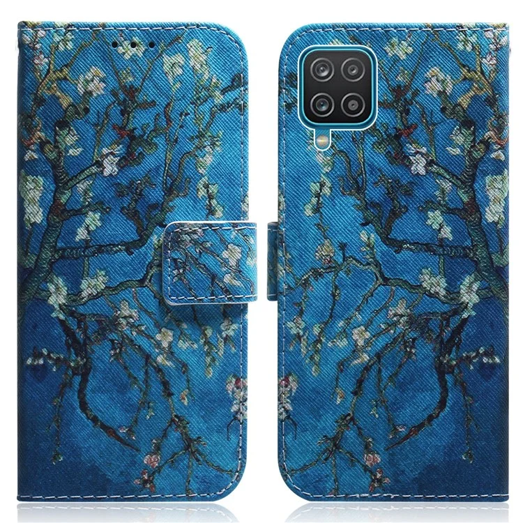 Impressão de Padrão PU Carteira de Couro Stand Phone Casting Para Samsung Galaxy A12 - Flor Vívida