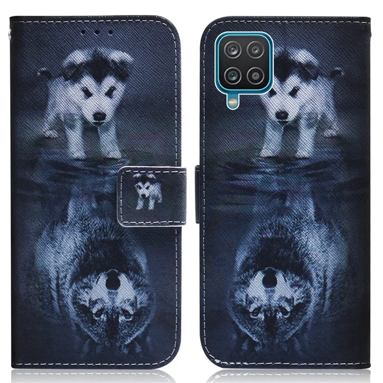 Impresión de Patrones PU Cuero de Cuero Stand Cubierta de Teléfonos Celulares Para Samsung Galaxy A12 - Perro y Lobo