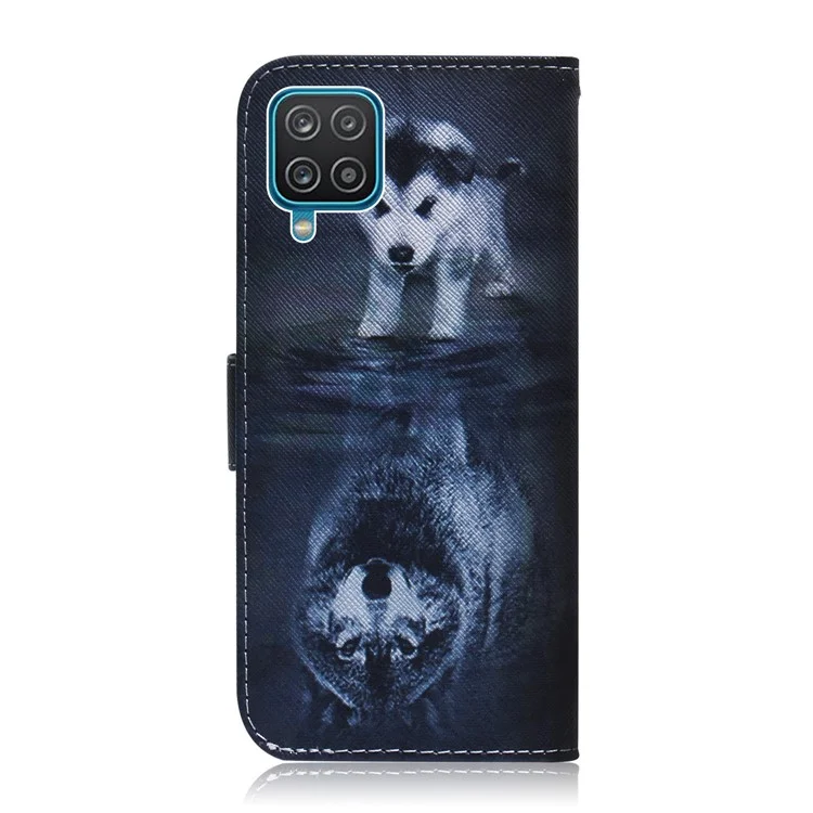 Impresión de Patrones PU Cuero de Cuero Stand Cubierta de Teléfonos Celulares Para Samsung Galaxy A12 - Perro y Lobo