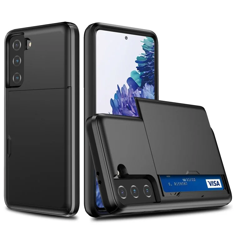 Slide Card Holder PC + TPU Hybrid Back Phone Case für Samsung Galaxy S21+ 5G - Schwarz