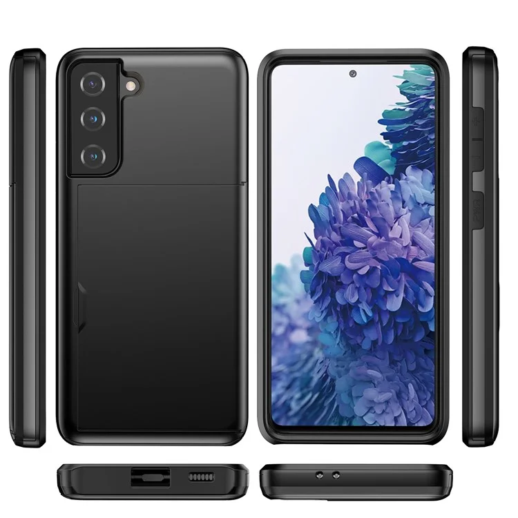 Slide Card Holder PC + TPU Hybrid Back Phone Case für Samsung Galaxy S21+ 5G - Schwarz