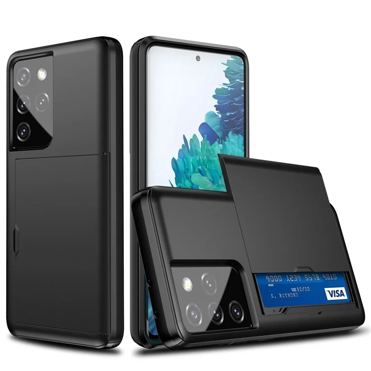 Tarjetero de teléfono móvil con soporte deslizante a prueba de arañazos de PC + TPU para Samsung Galaxy S21 Ultra 5G - Negro