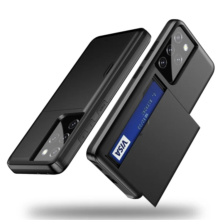 Tarjetero de teléfono móvil con soporte deslizante a prueba de arañazos de PC + TPU para Samsung Galaxy S21 Ultra 5G - Negro
