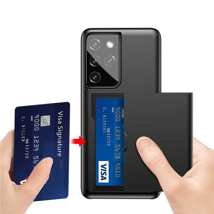 Tarjetero de teléfono móvil con soporte deslizante a prueba de arañazos de PC + TPU para Samsung Galaxy S21 Ultra 5G - Negro