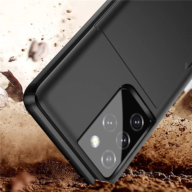 Tarjetero de teléfono móvil con soporte deslizante a prueba de arañazos de PC + TPU para Samsung Galaxy S21 Ultra 5G - Negro