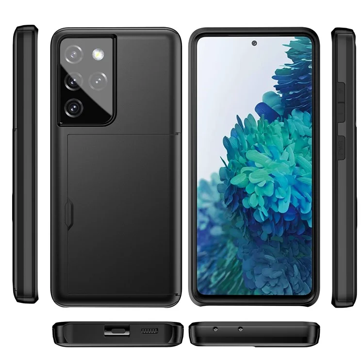 Tarjetero de teléfono móvil con soporte deslizante a prueba de arañazos de PC + TPU para Samsung Galaxy S21 Ultra 5G - Negro