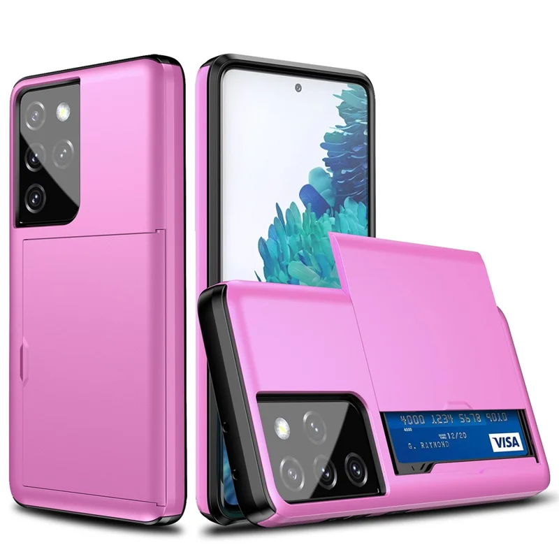 Scratch-proof Slide Card Holder PC + TPU Hybrid Back Smartphone Case for Samsung Galaxy S21 Ultra 5G - Pink