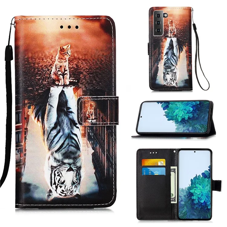 Anti-Drop PU Leather Willet Stand Capacal de la Cubierta Del Teléfono Inteligente Con Impresión de Patrones Para Samsung Galaxy S21 4G/5G - Reflexión