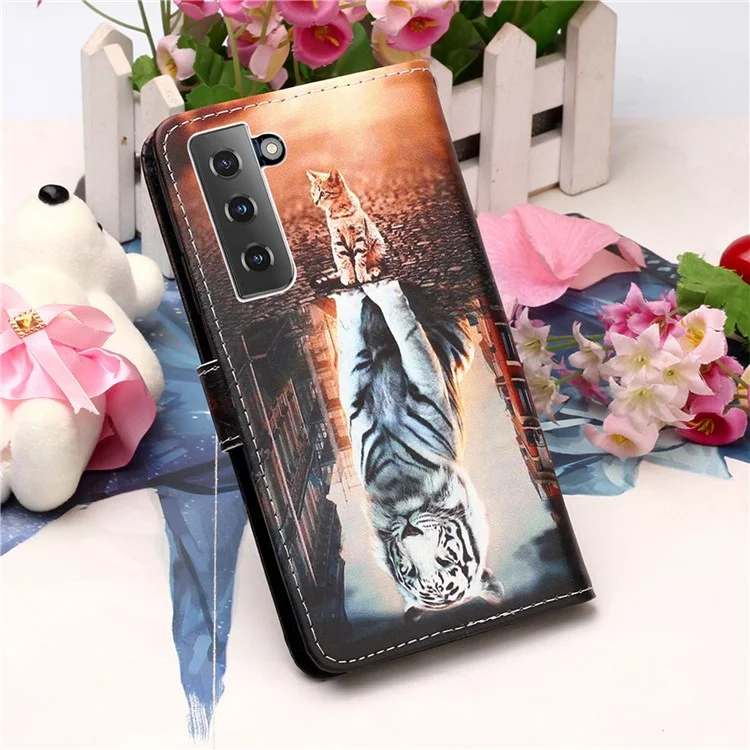 Anti-Drop PU Leather Willet Stand Capacal de la Cubierta Del Teléfono Inteligente Con Impresión de Patrones Para Samsung Galaxy S21 4G/5G - Reflexión